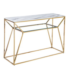 Console – Verre Marbré Blanc & Structure Dorée | Luxe Contemporain