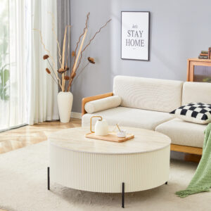 Table Basse RUBY – Effet Travertin & Pieds Métal, Ø80/90/100 cm – Style Naturel et Contemporain