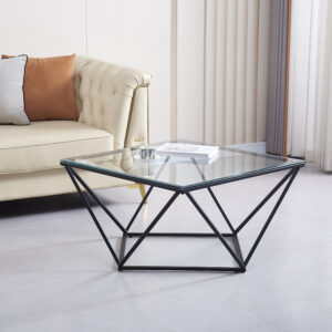 Table Basse ALINA – Verre Trempé & Métal Noir, Forme Carrée 80 cm