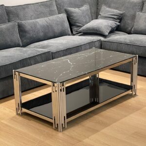 Table Basse FLUTE – Marbre Vitré & Acier Inox, Pieds Or ou Argent, 120 cm