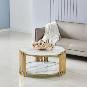 Table Basse Ronde STICK – Design Géométrique, Verre Trempé & Inox