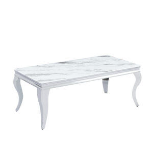 Table Basse Baroque - Verre Marbre Blanc & Inox Argent