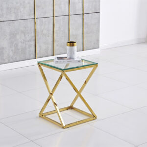 Table d'Appoint Élégante – Structure Dorée & Plateau Verre | Design Sculptural