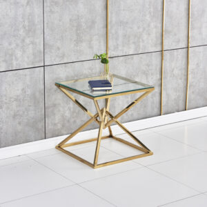 Guéridon PYRAMIDE – Structure Dorée & Plateau Verre | Design Sculptural
