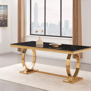 Table Repas OMEGA – 180 cm, Marbre Noir & Pieds Dorés